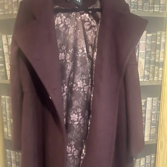 Guess Y2K Belted Pea Coat Womens XL Maroon Burgundy Silver Buttons - Picture 7 of 10